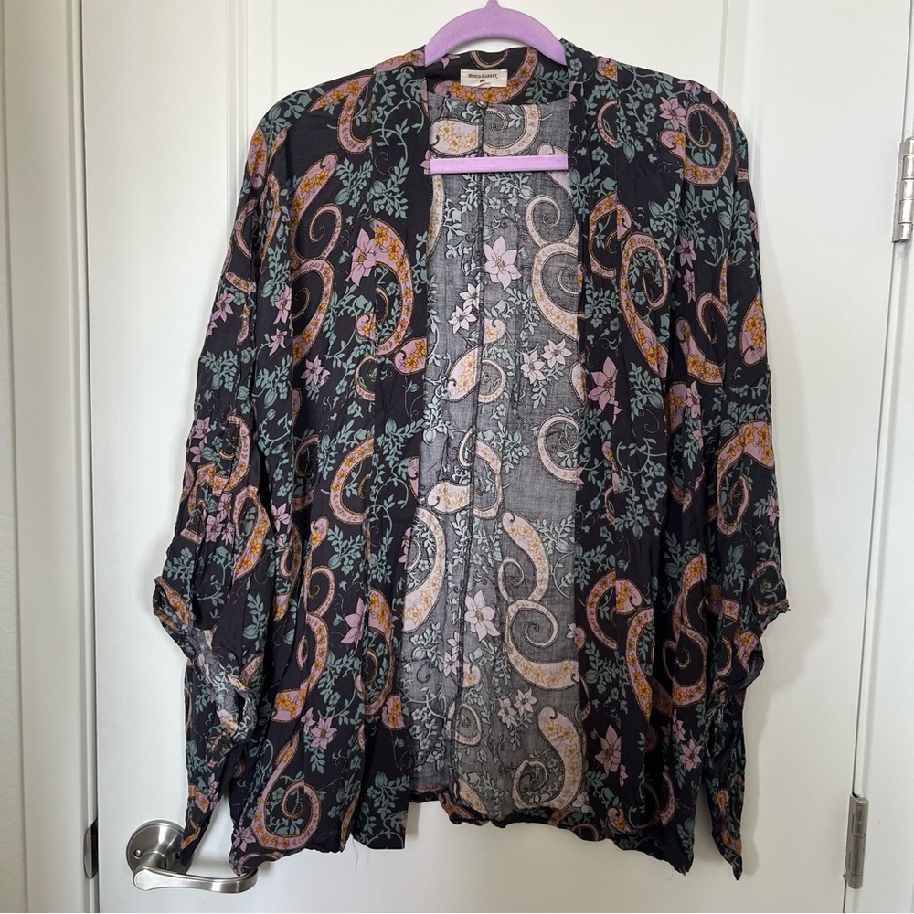 World Market Floral Paisley Kimono Cover Up in Black, Purple, Yellow, Green